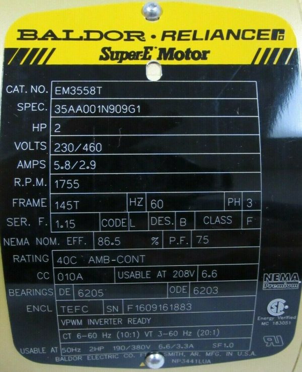 NEW BALDOR EM3558T MOTOR 2HP 230/460V 1755 RPM 145T 35AA001N909G1 - Image 4