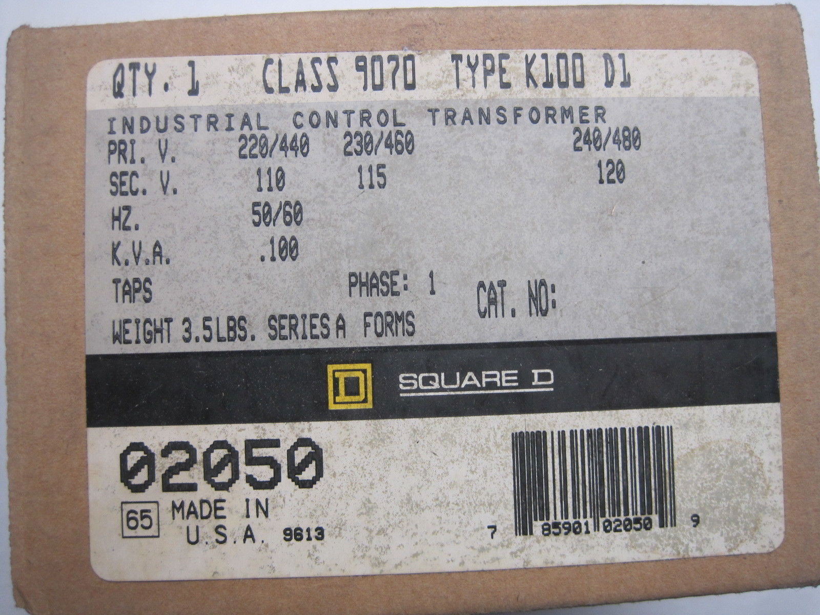 SERIES A TRANSFORMER PRIMARY 50/60HZ NEW #212491 SQUARE D 9070-K100-D1 