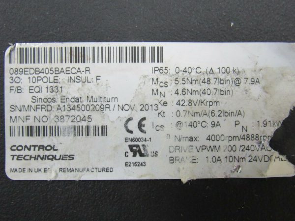 REFURBISHED CONTROL TECHNIQUES 089EDB405BAECA-R UNIMOTOR SERVO MOTOR 3872045 - Image 5