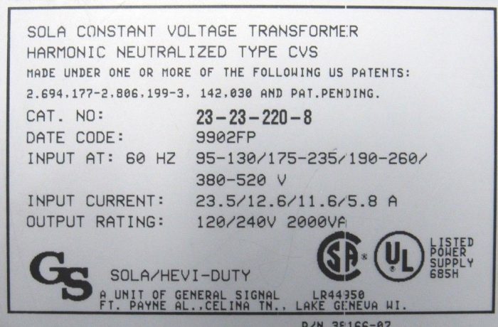 USED SOLA 23-23-220-8 CONSTANT VOLTAGE TRANSFORMER 23232208 - Image 5