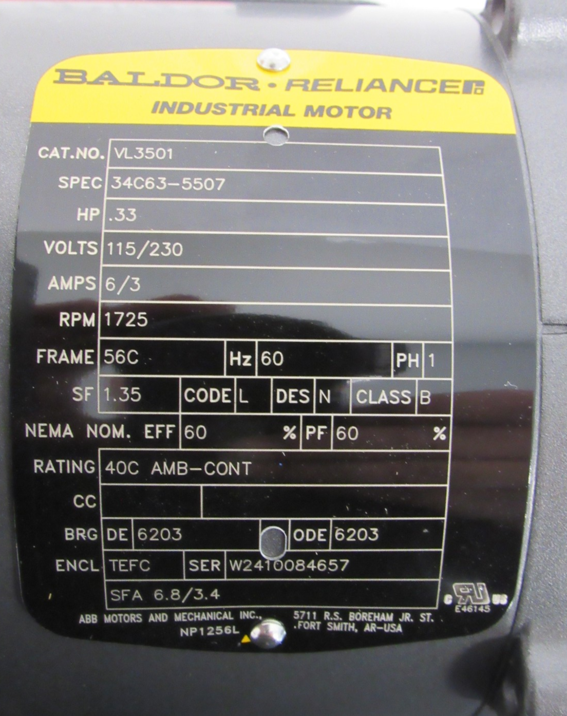 NEW BALDOR VL3501 MOTOR .33HP 115/230V 1725 RPM 5/8" DIA. - Image 4