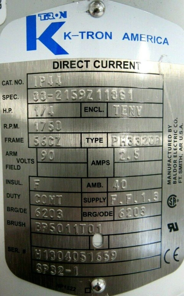 NEW K-TRON IP44 MOTOR 33-2159Z11861 1/4" 1750 RPM 56CZ 90VDC - Image 4