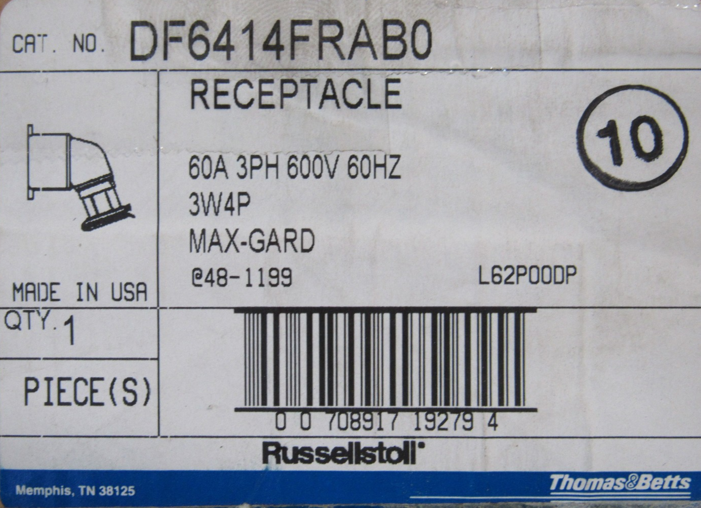 NEW THOMAS & BETTS DF6414FRAB0 RECEPTACLE 60A 3PH 600V - Image 6