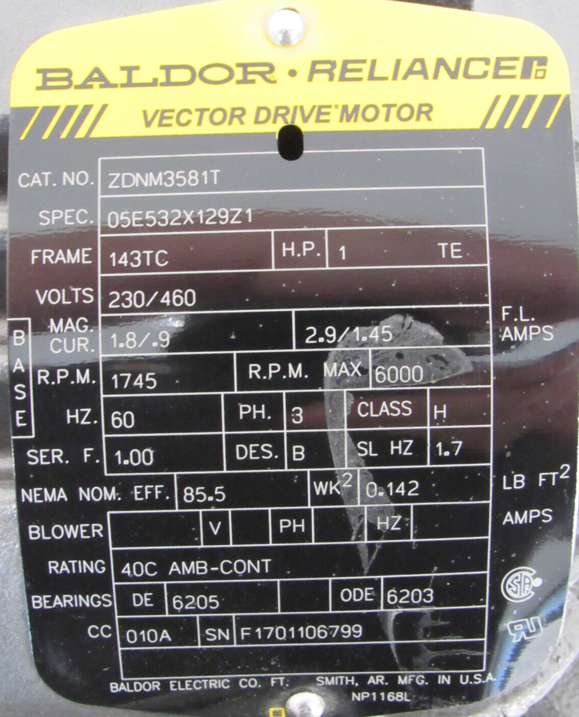 NEW BALDOR ZDNM3581T VECTOR DRIVE MOTOR 1HP 230/460V 143TC 1745RPM - Image 5