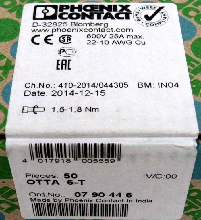 NEW BOX OF 50EA PHOENIX CONTACT 07-90-44-6 TERMINAL BLOCK 0790446 OTTA 6-T - Image 3