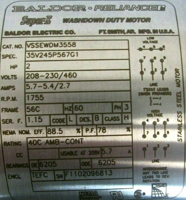 NEW BALDOR VSSEWDM3558 MOTOR 2HP 208-230/460V 1755RPM 5/8" DIA. 35V245P567G1 - Image 4