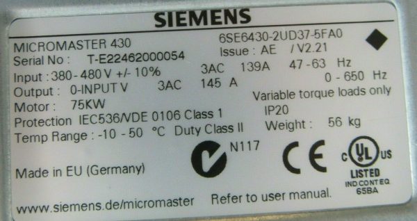 NEW SIEMENS 6SE6430-2UD37-5FA0 MICROMASTER 430 DRIVE 100HP 6SE64302UD375FA0 - Image 8