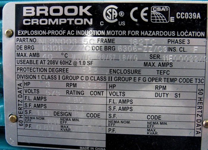 NEW BROOK CROMPTON NE2N003-5C AC INDUCTION MOTOR 182TC 3HP NE2N0035C 3535 RPM - Image 5