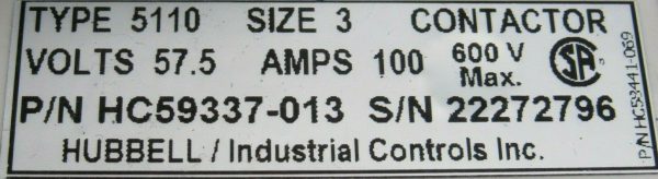 NEW HUBBELL HC59337-013 CONTACTOR SIZE 3 TYPE 5110 57.5V 100A HC59337013 - Image 4