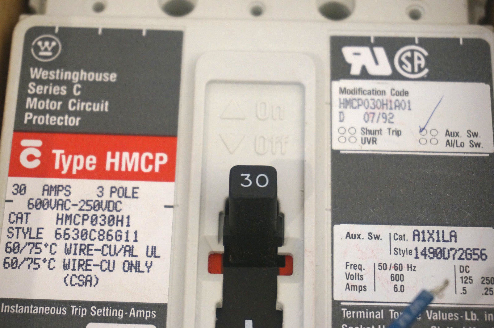 NEW WESTINGHOUSE HMCP030H1A01 CIRCUIT BREAKER 3 POLE 30 AMP 600 VAC - Image 4