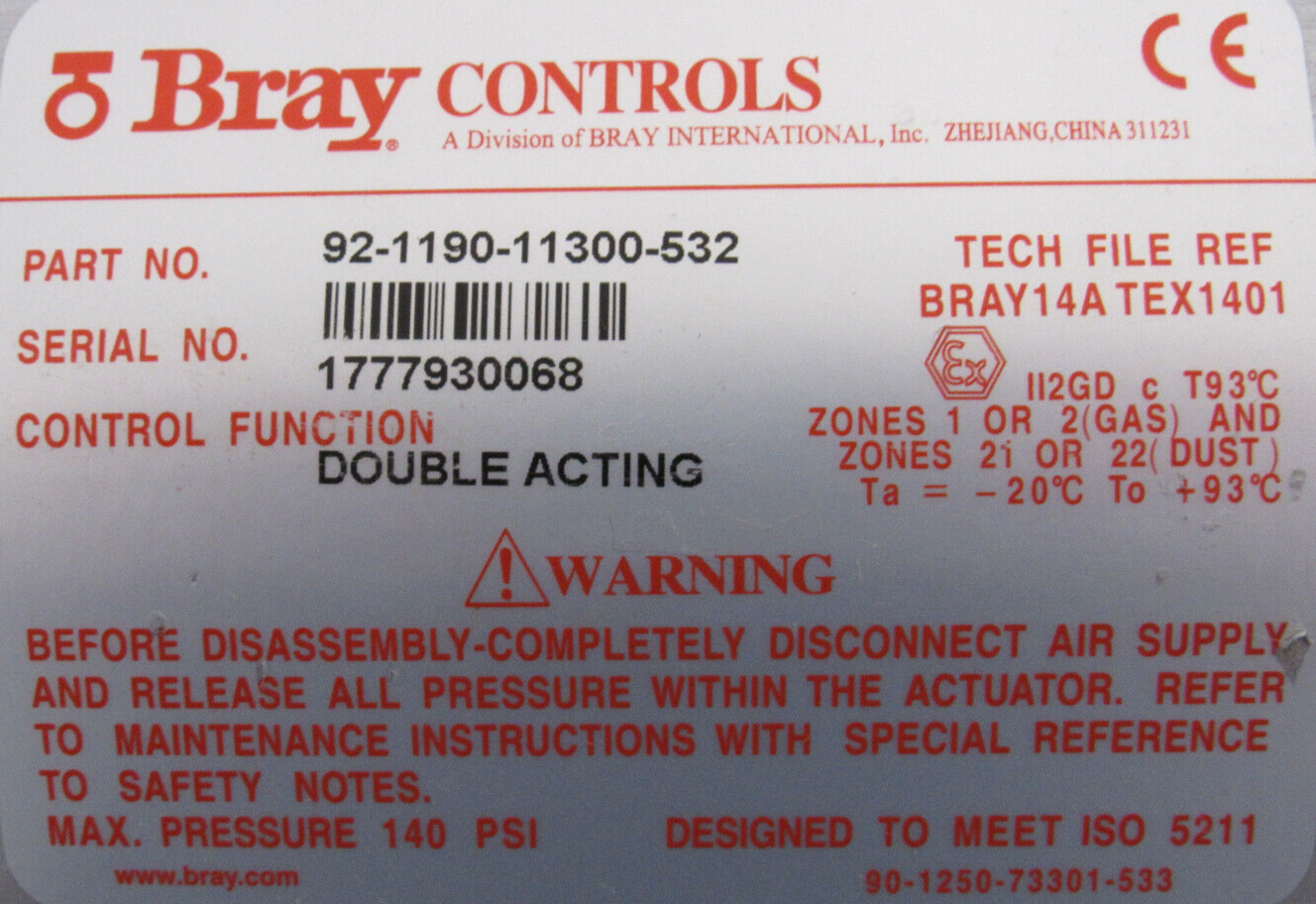 USED BRAY 92-1190-11300-532 PNEUMATIC ACTUATOR 92119011300532 - Image 4