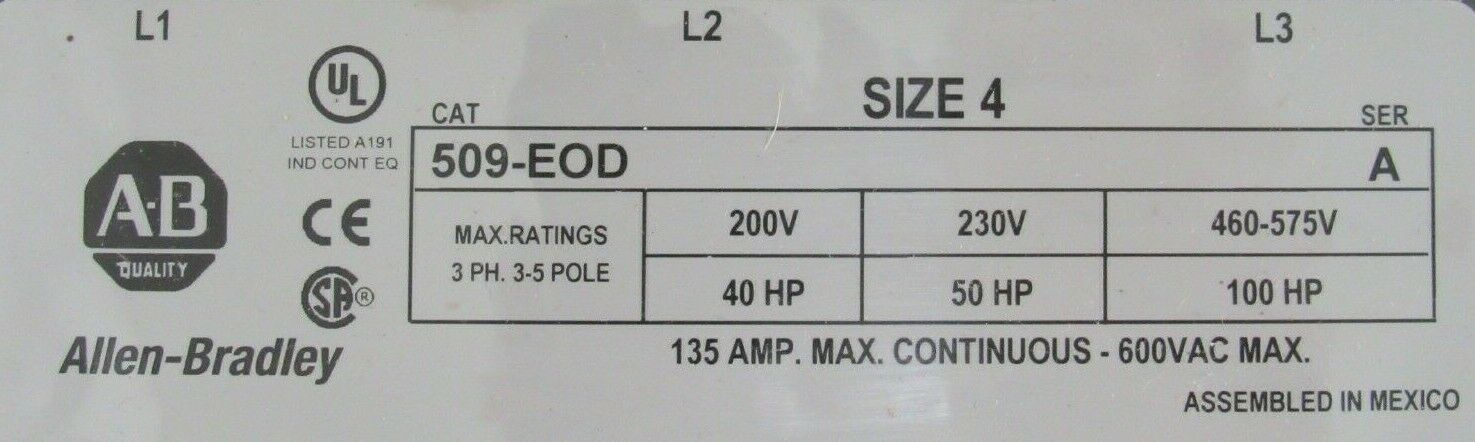 NEW ALLEN BRADLEY 509-EOD STARTER SIZE 4 SER. A 509EOD - Image 5