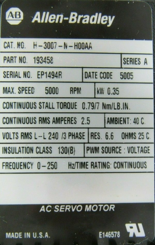 NEW ALLEN BRADLEY H-3007-N-H00AA SERVO MOTOR 193458 H3007NH00AA SER A - Image 5