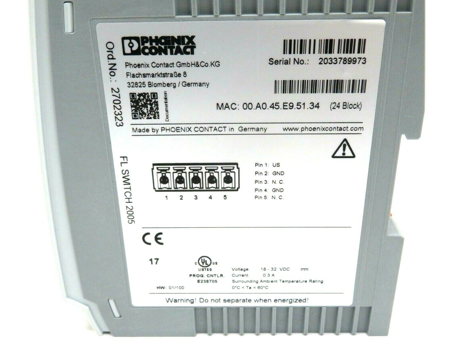 NEW PHOENIX CONTACT 2702323 ETHERNET SWITCH FL SWITCH 2005 - SB