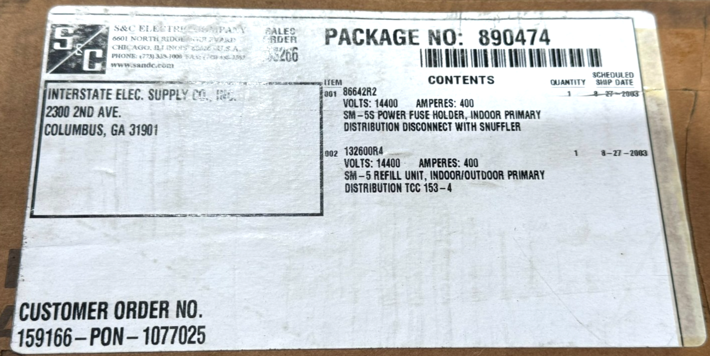 NEW SEALED S&C ELECTRIC 86642R2 INDOOR POWER FUSE HOLDER W/ 132600R4 SM-5 REFILL - Image 3