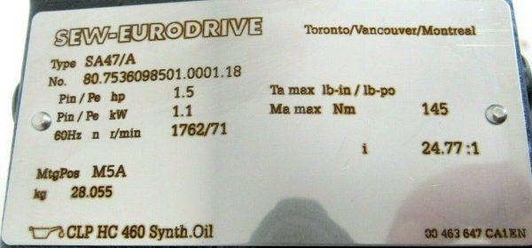 NEW SEW EURODRIVE SA47 DRN90S4 GEAR MOTOR 24.77:1 SA47/A SA47DRN90S4 - Image 5