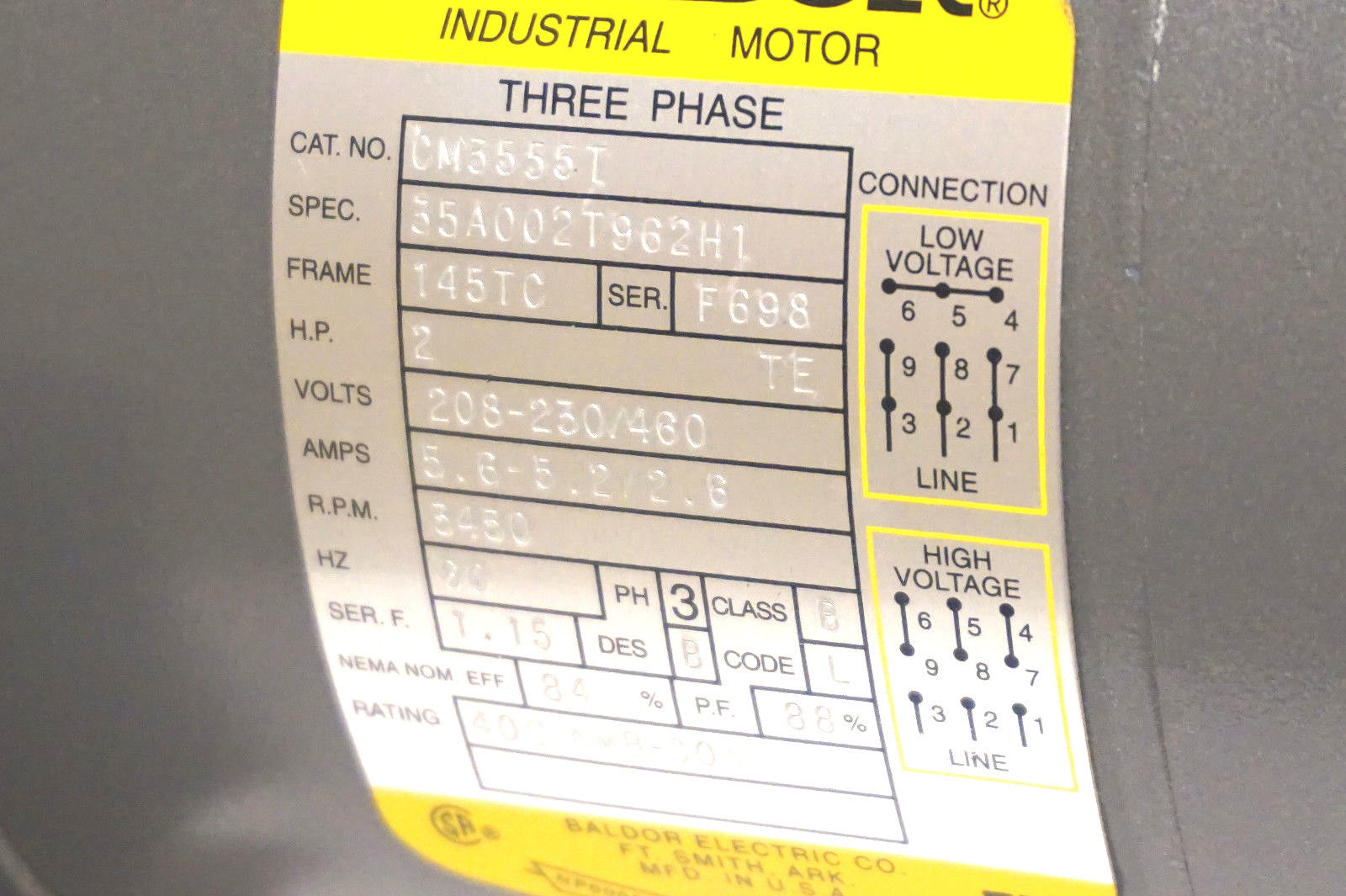 NEW BALDOR CM35551 ELECTRIC MOTOR 3450 RPM, 2 HP, 3 PHASE - Image 3