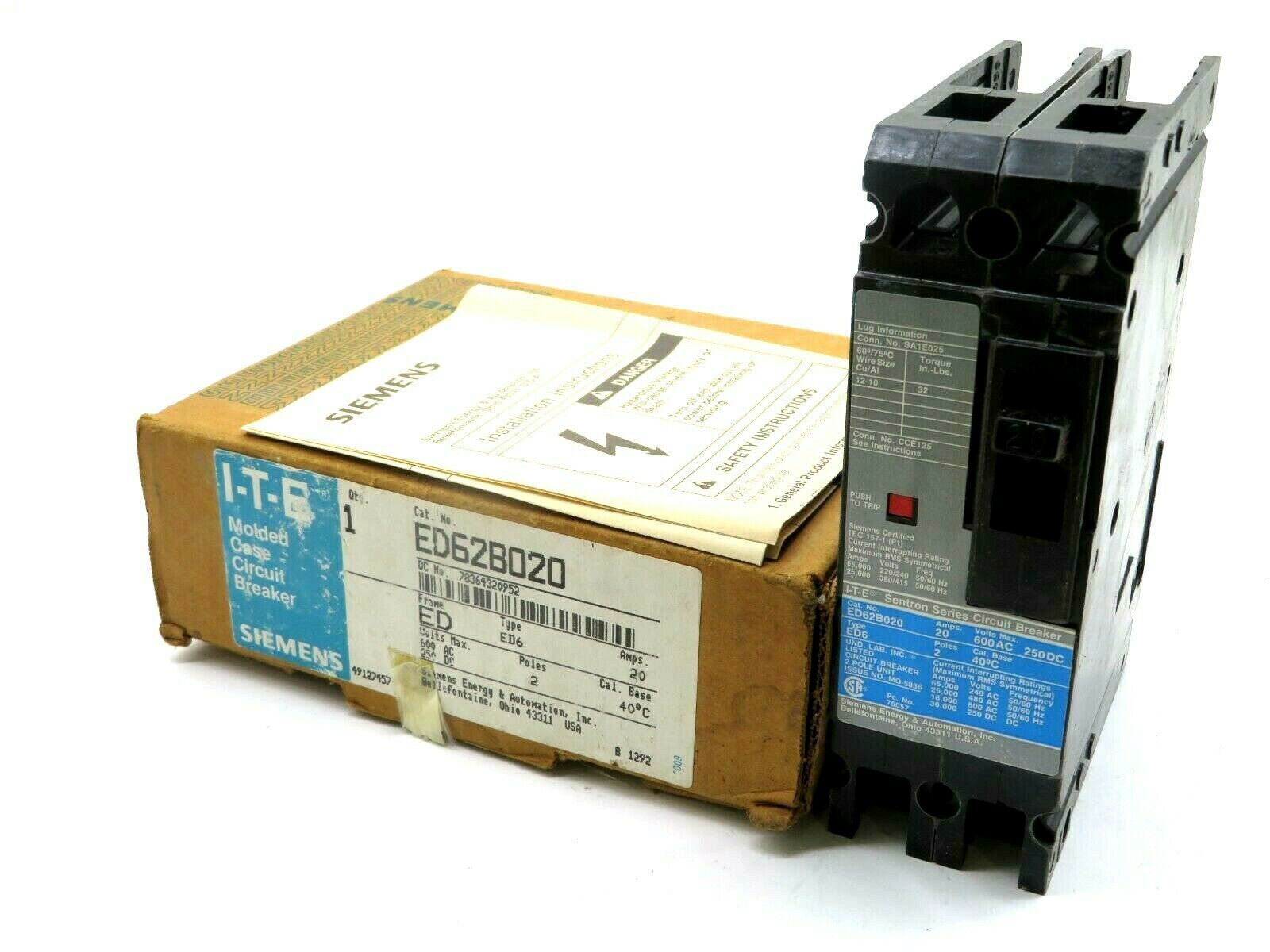 NEW SIEMENS ED62B020 CIRCUIT BREAKER 600AC 250DC 2 POLES