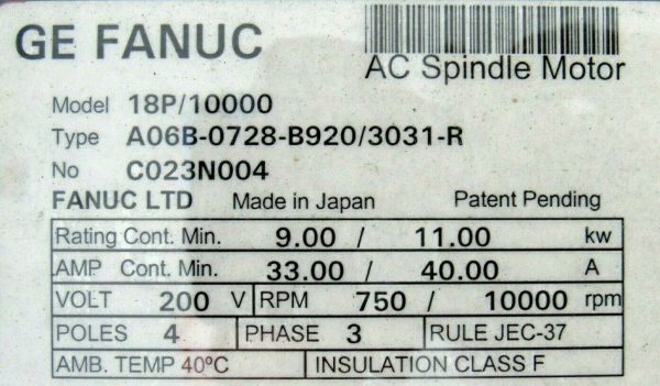 REFURBISHED GE FANUC A06B-0728-B920/3031 MOTOR 18P/10000 A06B0728B9203031R - Image 6