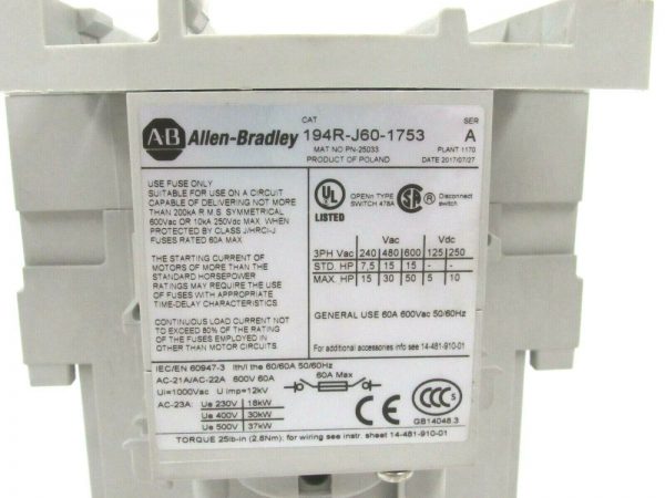 NEW ALLEN BRADLEY 194R-J60-1753 DISCONNECT SWITCH 194RJ601753 - Image 3