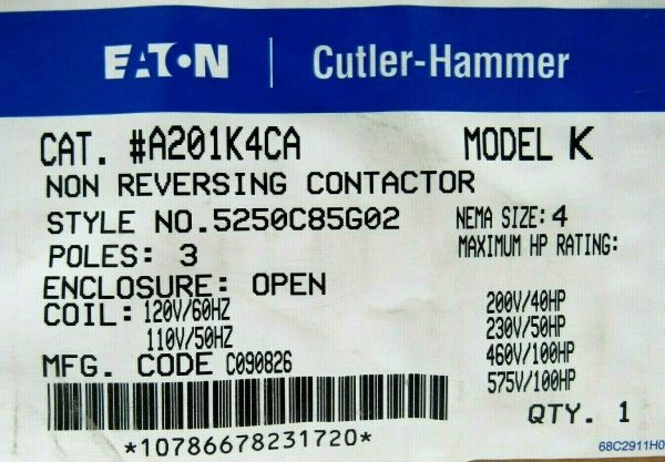 NEW EATON A201K4CA NON REVERSING CONTACTOR MODEL K 3 POLE SIZE 4 5250C85G02 - Image 3
