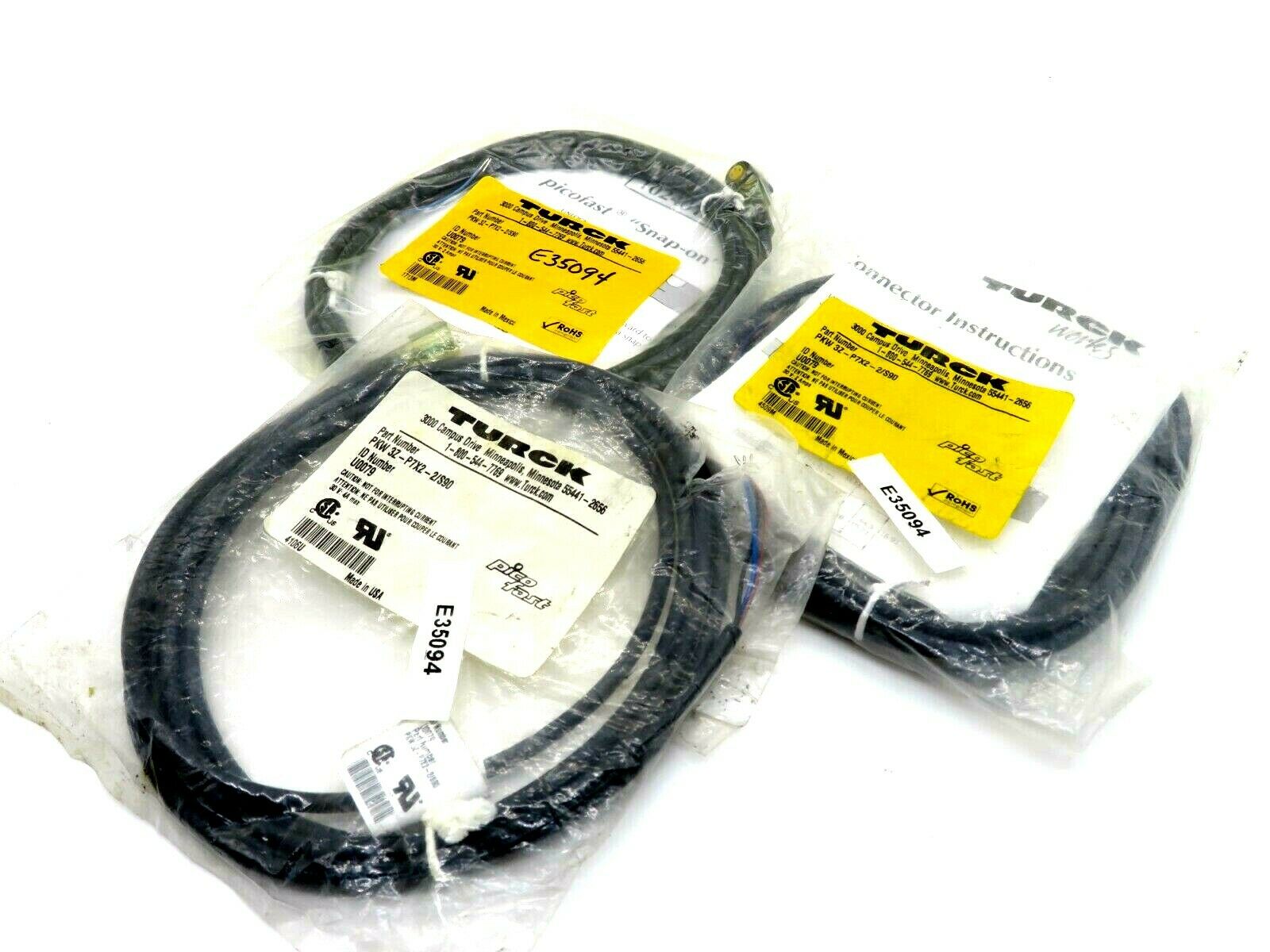 NEW LOT OF 3 TURCK PKW 3Z-P7X2-2/S90 U0079 MOLDED CORDSET U0079