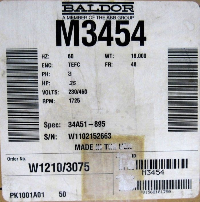 NEW BALDOR M3454 ELECTRIC MOTOR 34A51-895 3PH 1/4HP 230/460V 1725 RPM - Image 5