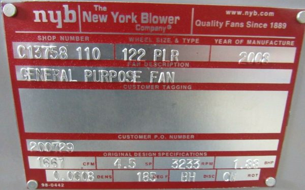NEW NEW YORK BLOWER 122 PLR BLOWER FAN C13758-110 1667CFM 122PLR - Image 8