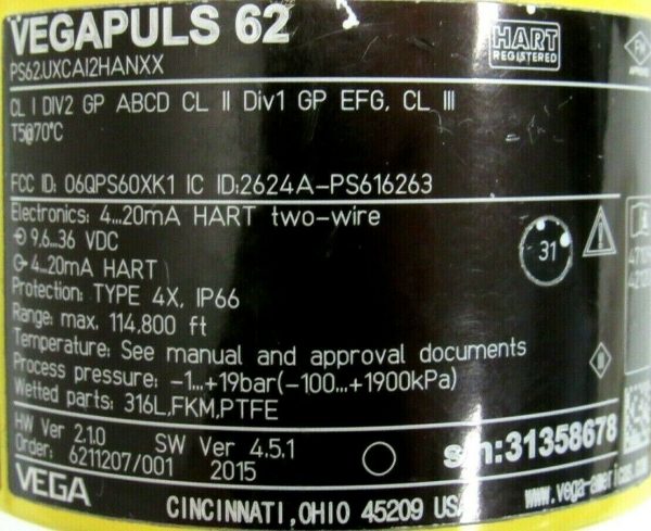 NEW VEGA PS62UXCAI2HANXX LIQUID LEVEL SENSOR - Image 4