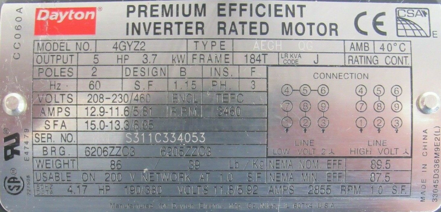 NEW DAYTON 4GYZ2 MOTOR 5HP 208-230/460V 184T AEGH QG 1-1/8