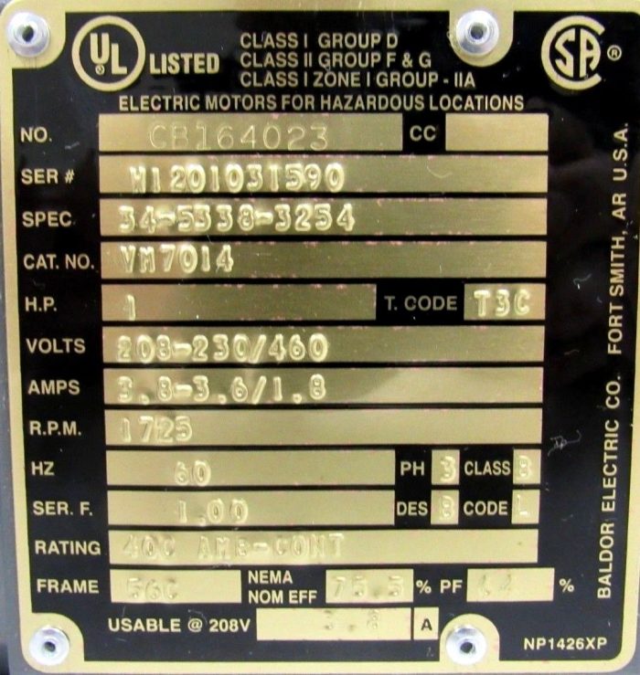 NEW BALDOR VM7014 MOTOR 1 HP 1725 RPM 208-230/460V 34-5338-3254 CB164023 - Image 5
