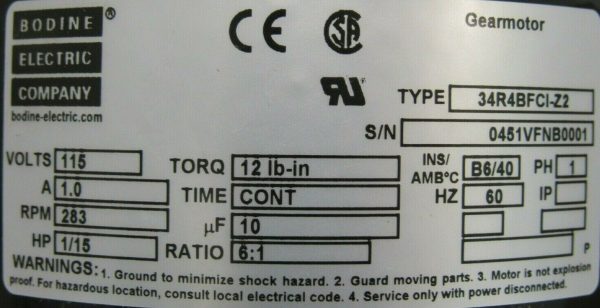 NEW BODINE ELECTRIC 34R4BFCI-Z2 GEAR MOTOR 6:1 1/15HP 115V 34R4BFCIZ2 - Image 4