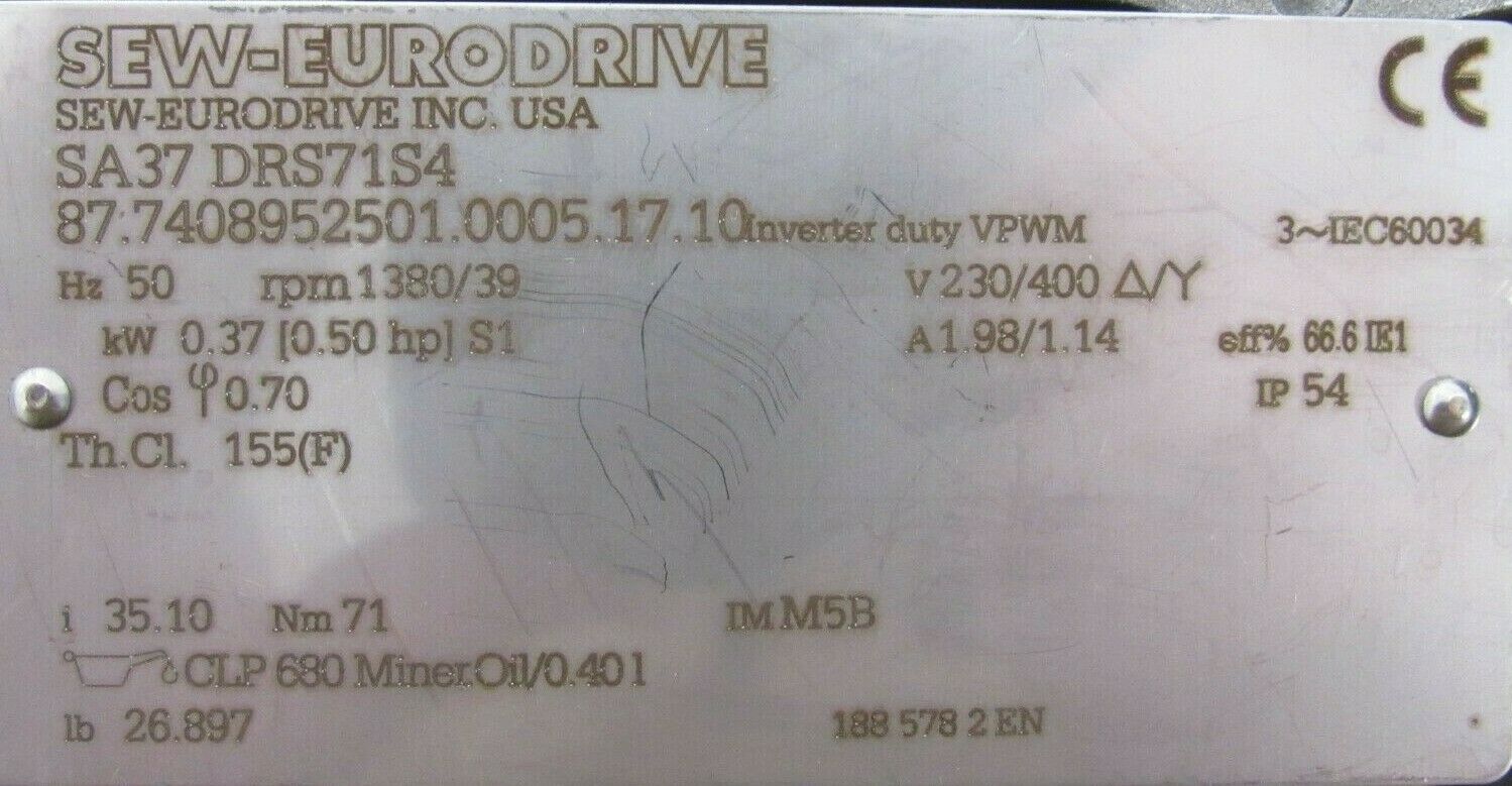 NEW SEW EURODRIVE SA37/DRS71S4 GEAR MOTOR SA37DRS71S4 - Image 5