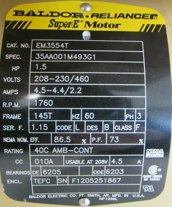 NEW BALDOR EM3554T MOTOR 1.5HP 208-230/460V 1760 RPM 145T 35AA001M493G1 - Image 4