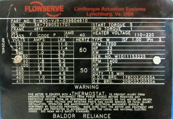 NEW FLOWSERVE L120-10 LIMITORQUE VALVE ACTUATOR 109183-001 B-M30-VJ9-039604610 - Image 5