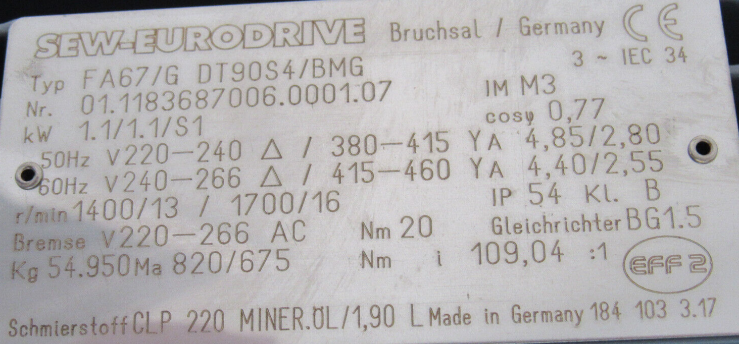 NEW SEW EURODRIVE FA67/GDT90S4/BMG GEAR MOTOR 107.04:1 FA67GDT90S4BMG - Image 4