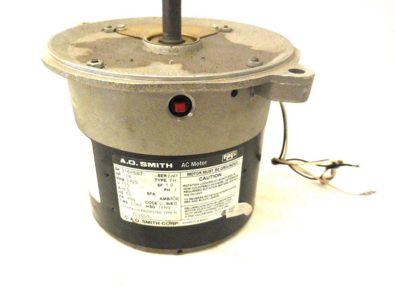 A.O. SMITH TYPE FH SER.2J97 AC MOTOR 1/8 HP 1725 RPM 1 PHASE 316P687