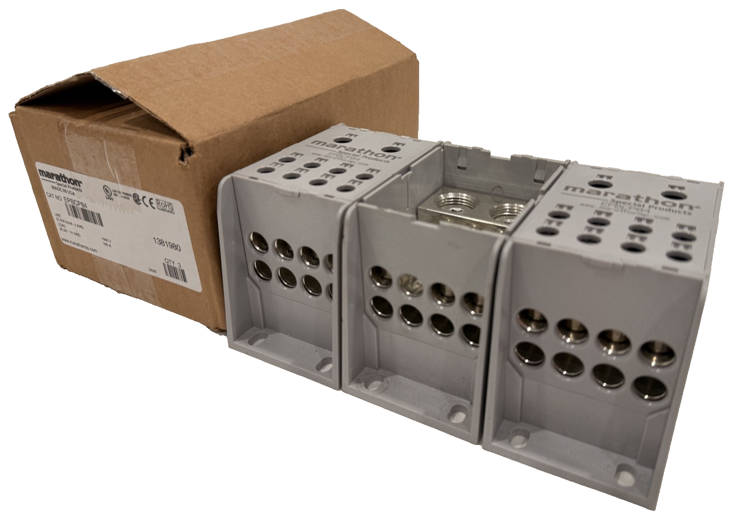 BOX OF 3 NEW MARATHON EPBCP84 POWER DISTRIBUTION BLOCKS THERMOPLASTIC INSULATOR