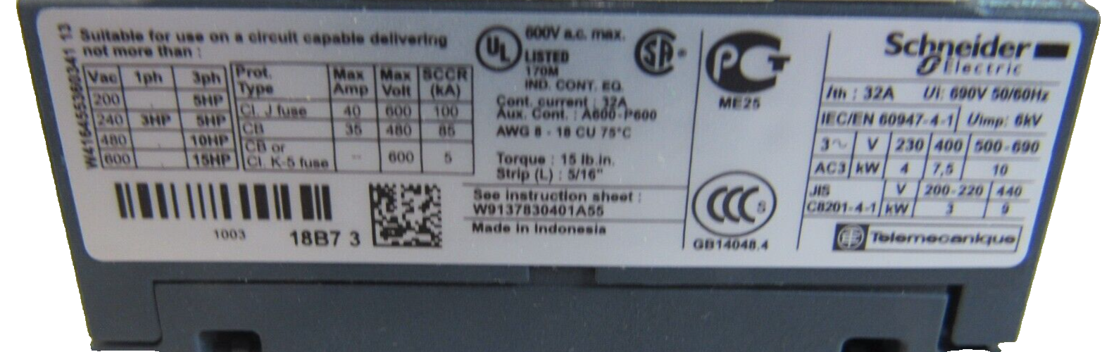 NEW SCHNEIDER ELECTRIC LC1D18B7 CONTACTOR 24V 50/60HZ - Image 4