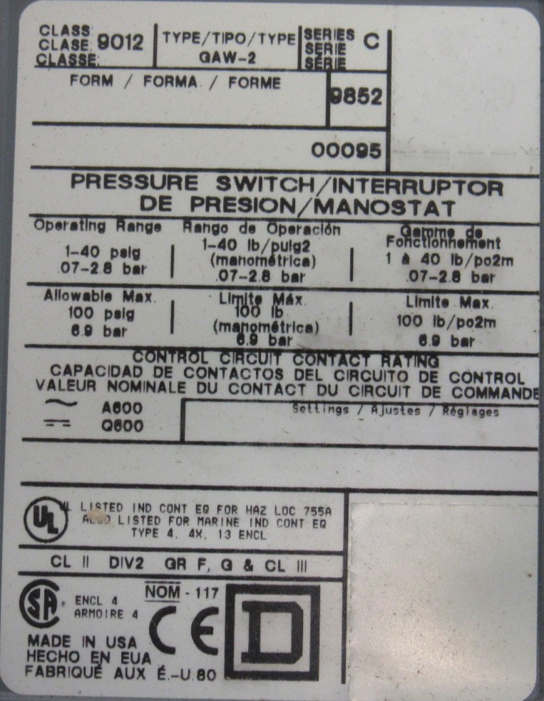 NEW SQUARE D 9012-GAW-2 PRESSURE SWITCH 9012GAW2 - Image 4