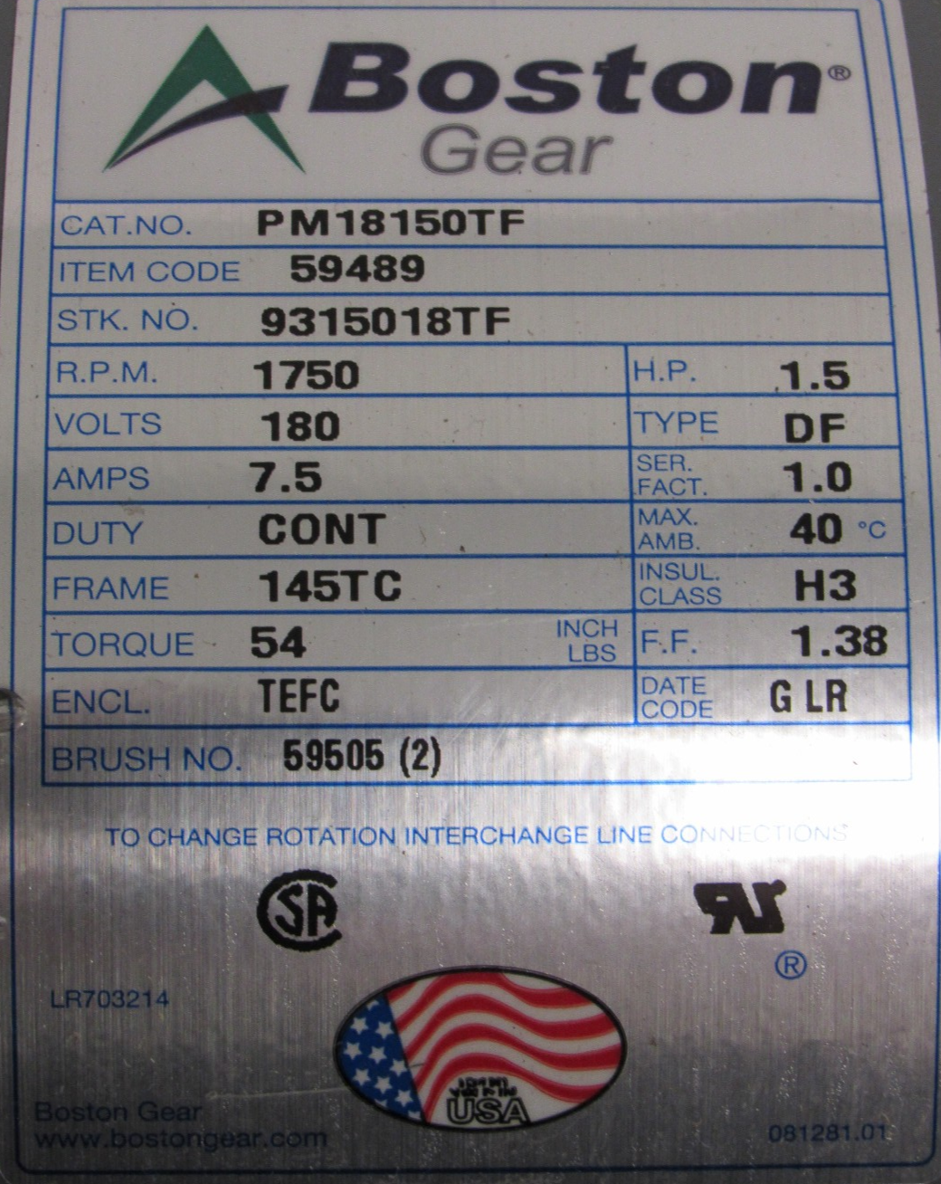 NEW BOSTON GEAR PM18150TF MOTOR 1.5HP 180V 145TC - Image 5