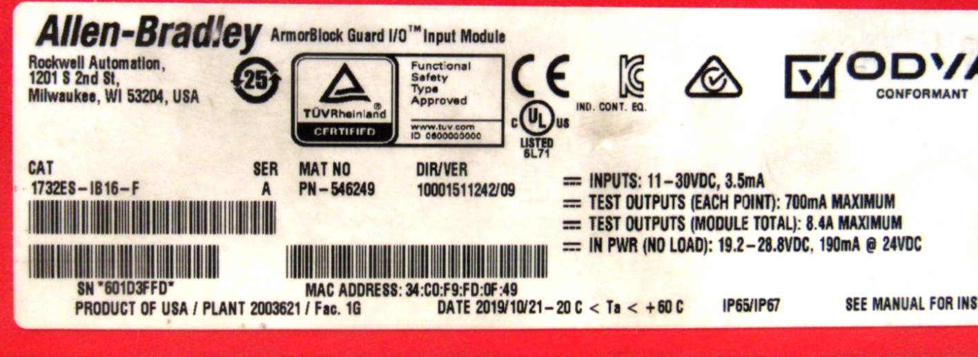 ALLEN BRADLEY 1732ES-IB16 F I/O MODULE SER.A 1732ESIB16 - SB Industrial ...