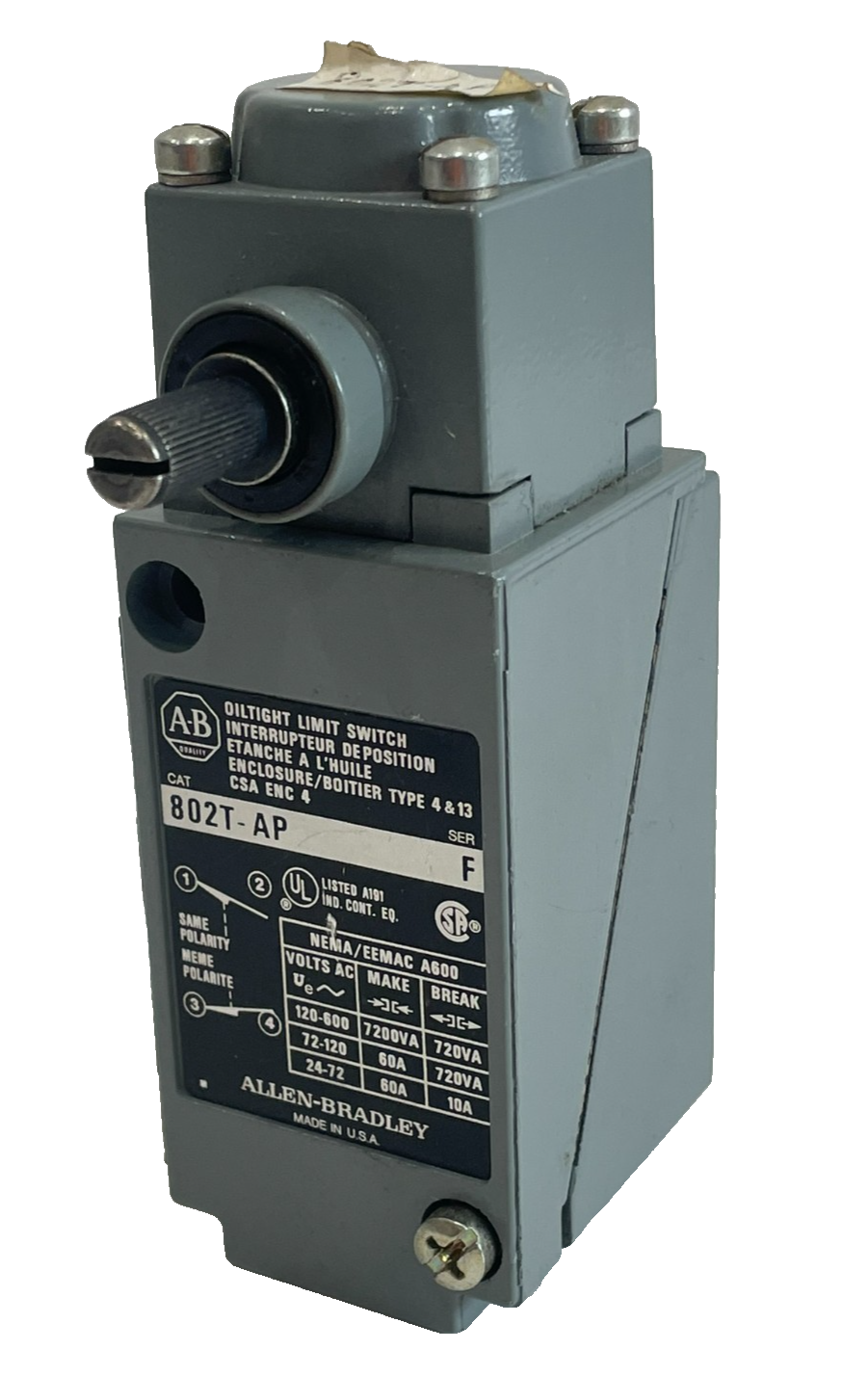 ALLEN BRADLEY 802T-AP LIMIT SWITCH SER F 802TAP NEW, SURPLUS