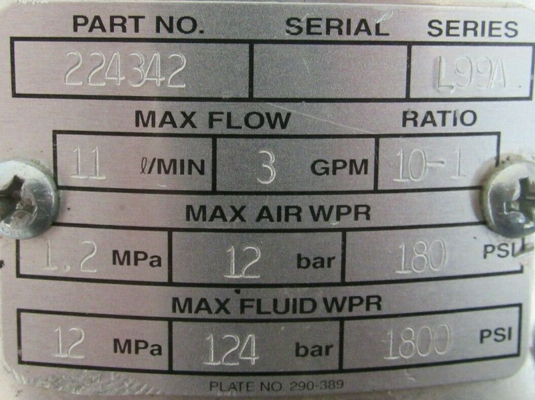 USED GRACO 207-352 AIR POWERED PUMP 224342 3 GPM 10:1 207352 - SB