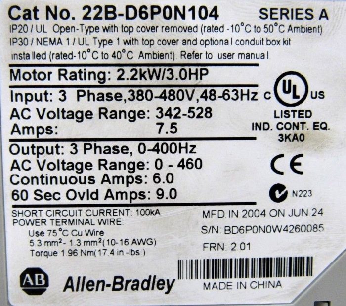 NEW ALLEN BRADLEY 22B-D6P0N104 POWERFLEX 40 SERIES A 22BD6P0N104 2.2KW 3.0HP - Image 5