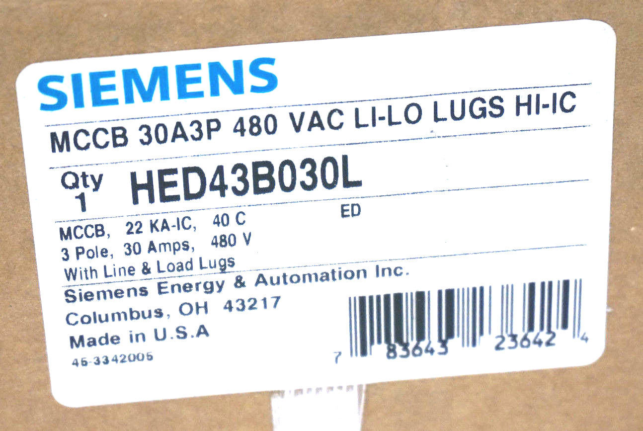 NEW SIEMENS HED43B030L CIRCUIT BREAKER 480VAC, 3 POLE, 30A - Image 3