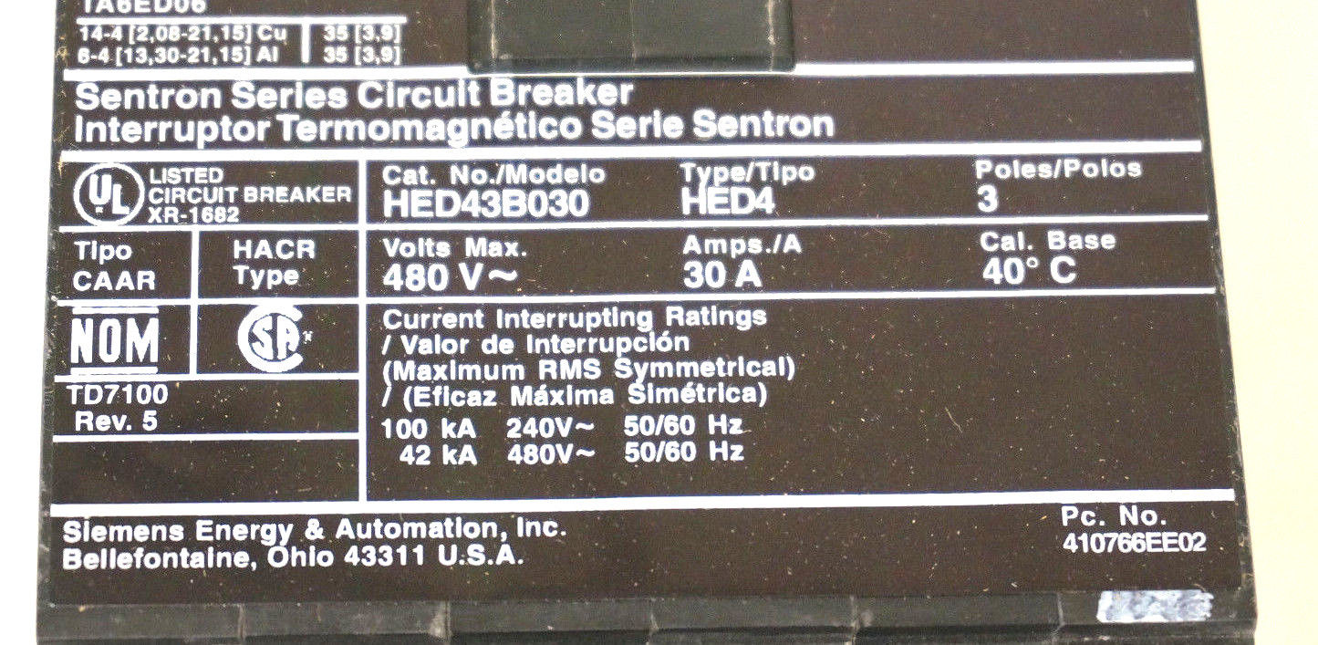 NEW SIEMENS HED43B030L CIRCUIT BREAKER 480VAC, 3 POLE, 30A - Image 6