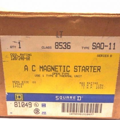NEW SQUARE D 8536-SAO11 MAGNETIC STARTER 8536SAO11 SER.B 8536SAO11
