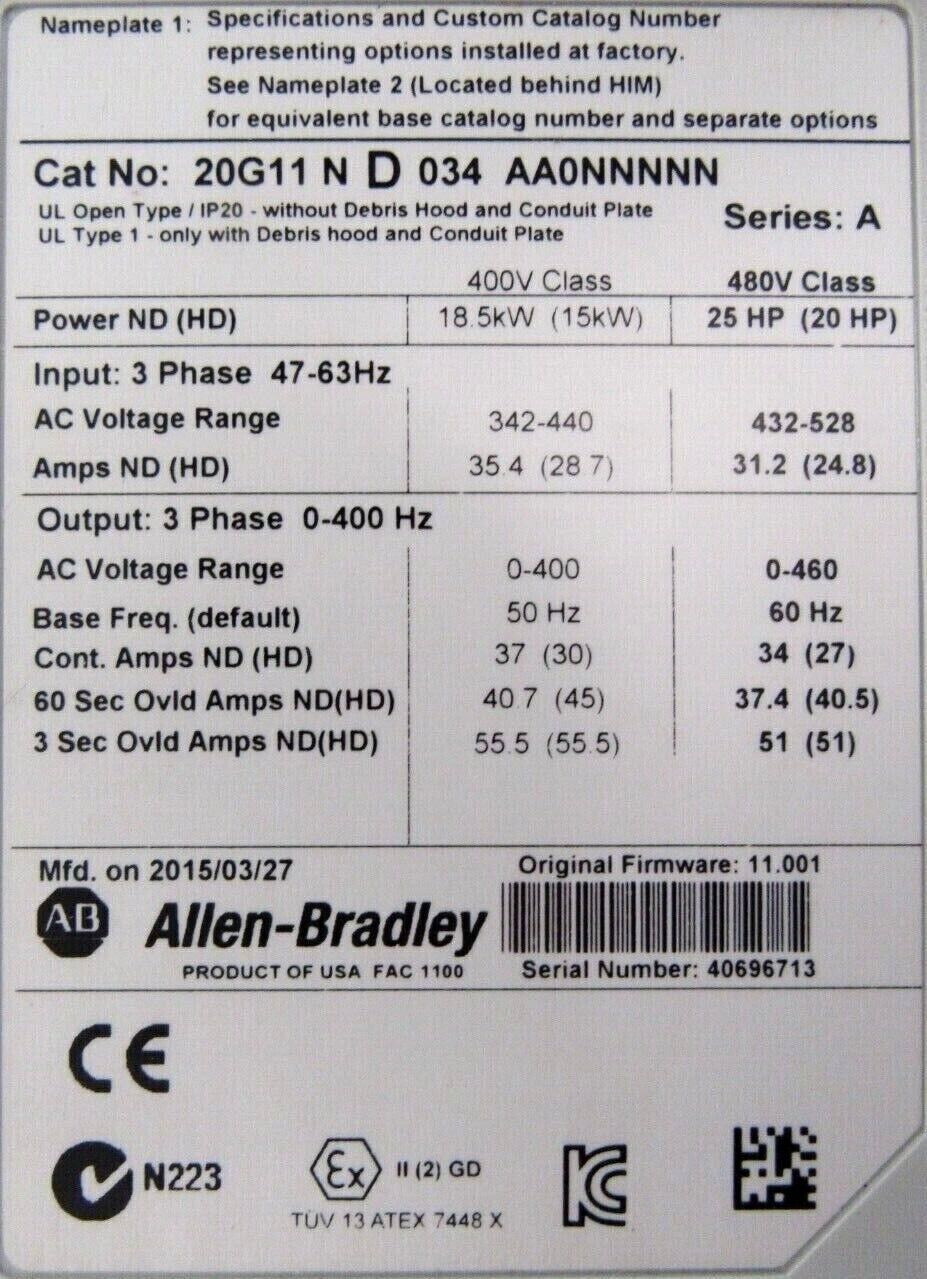 @aill0117ページ USED ALLEN BRADLEY 20G11-N-D-034-AA0NNNNN POWERFLEX 755 SER.A 25HP