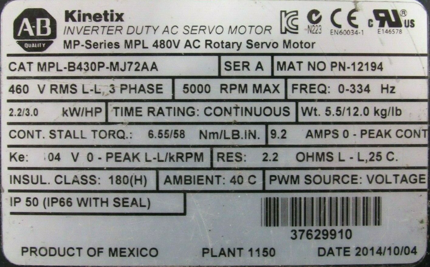 USED ALLEN BRADLEY MPL-B430P-MJ72AA SERVO MOTOR MPLB430PMJ72AA - Image 4